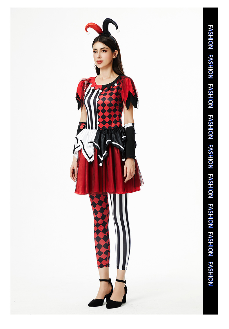 Adult Halloween Outfit Harlequin Jester Costume Red and Black Striped Dress